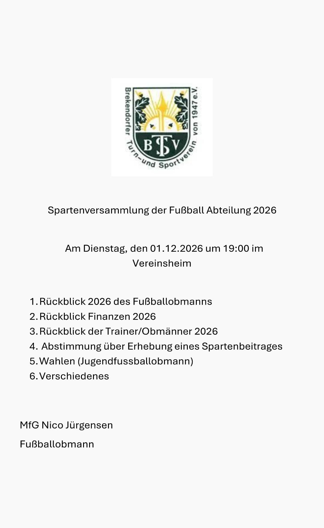 Einladung Spartenversammlung Fußball 2026