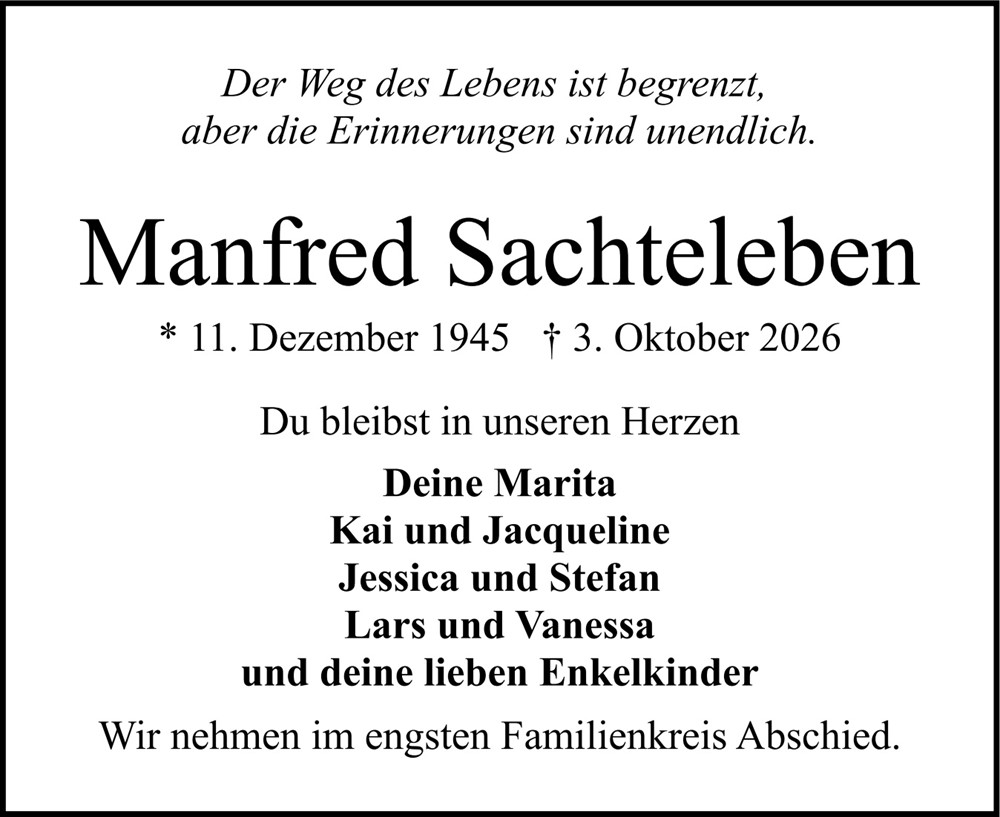Traueranzeige Manfred Sachteleben